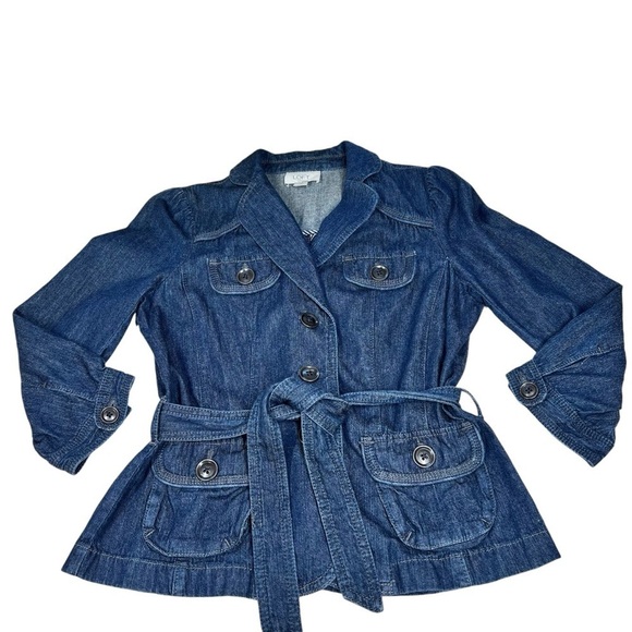 ANN TAYLOR LOFT Dark Denim Jacket Button-up 3/4 Sleeves with Belt Tie Women's SP - Picture 6 of 16